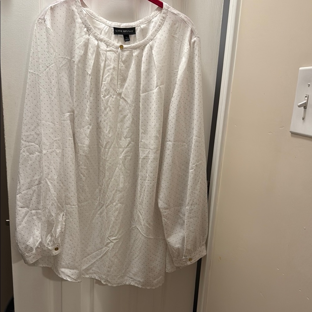 Lane Bryant White Long Sleeve Bib Collar Blouse
